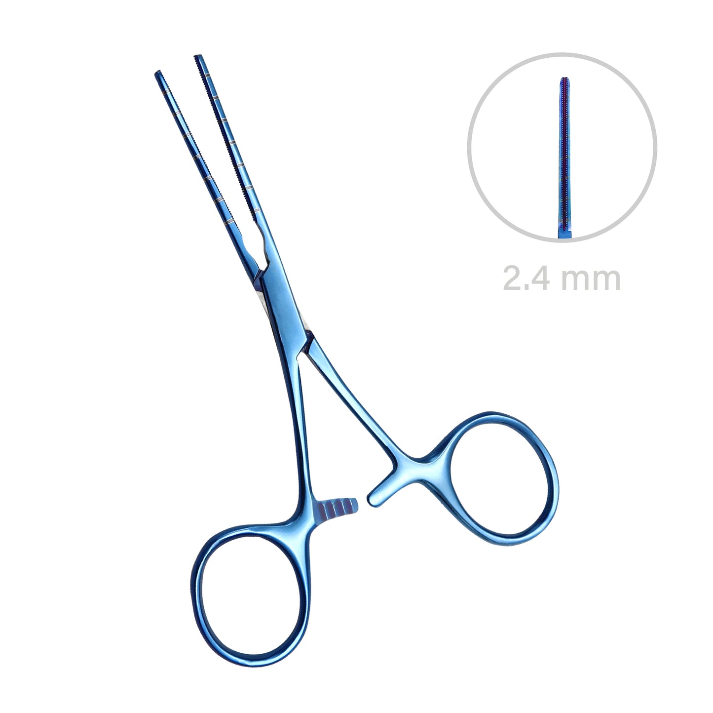 Titanium blue atrauma peripheral vascular clamp with 2.4 mm DeBakey jaws, locking ring handles, and cross-section insert detail.