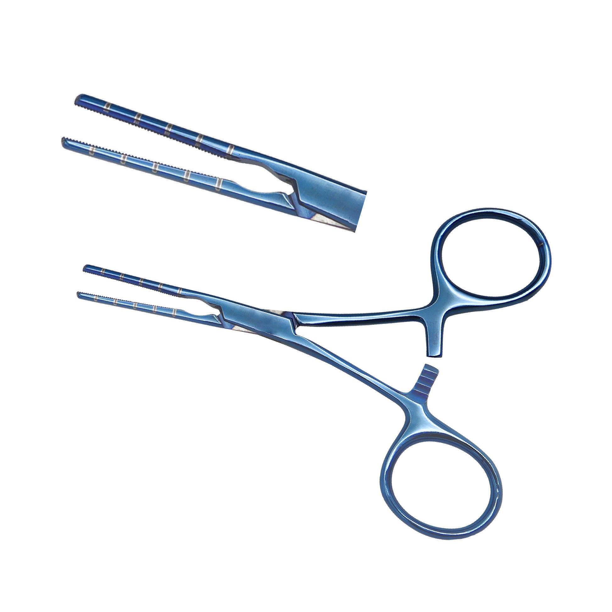 Blue titanium atraumatic peripheral vascular clamp forceps with serrated jaws and finger ring handles on a white background.