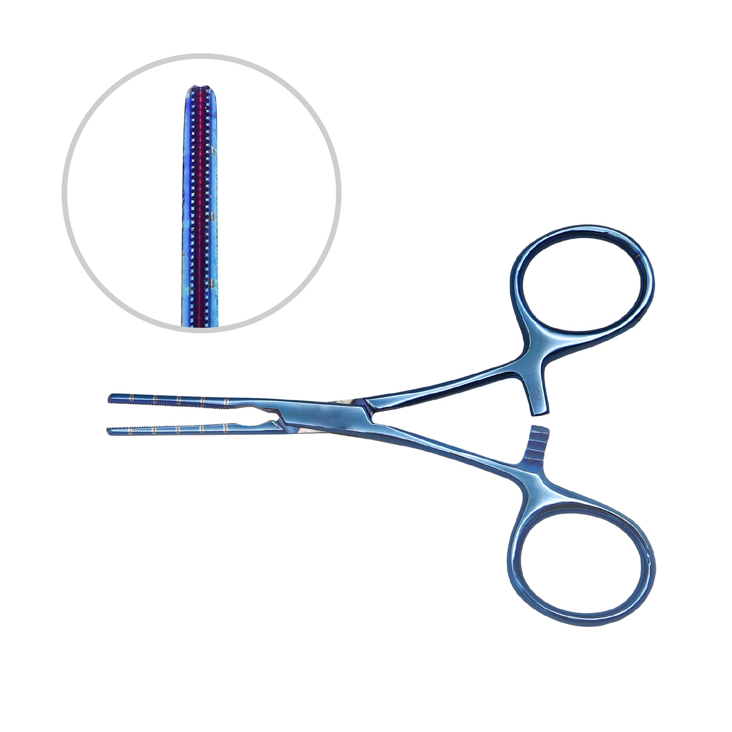 Blue titanium DeBakey atrauma peripheral vascular clamp shown from a top-down view, featuring a circular insert magnifying its fine, non-crushing inner jaw serration profile against a plain white background.