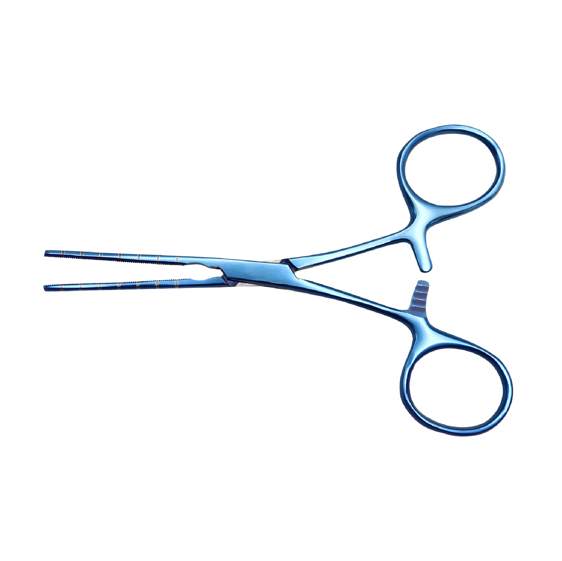 Blue anodized titanium microvascular clamp surgical forceps with straight serrated jaws and locking ratchet ring handles on a plain white background.