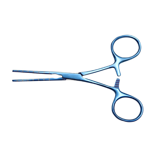 Blue anodized titanium microvascular clamp surgical forceps with straight serrated jaws and locking ratchet ring handles on a plain white background.