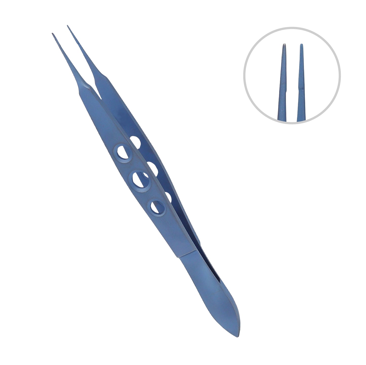 Close view of McPherson straight micro-tying forceps featuring 6 mm tying platform, lightweight titanium construction for microsurgical precision