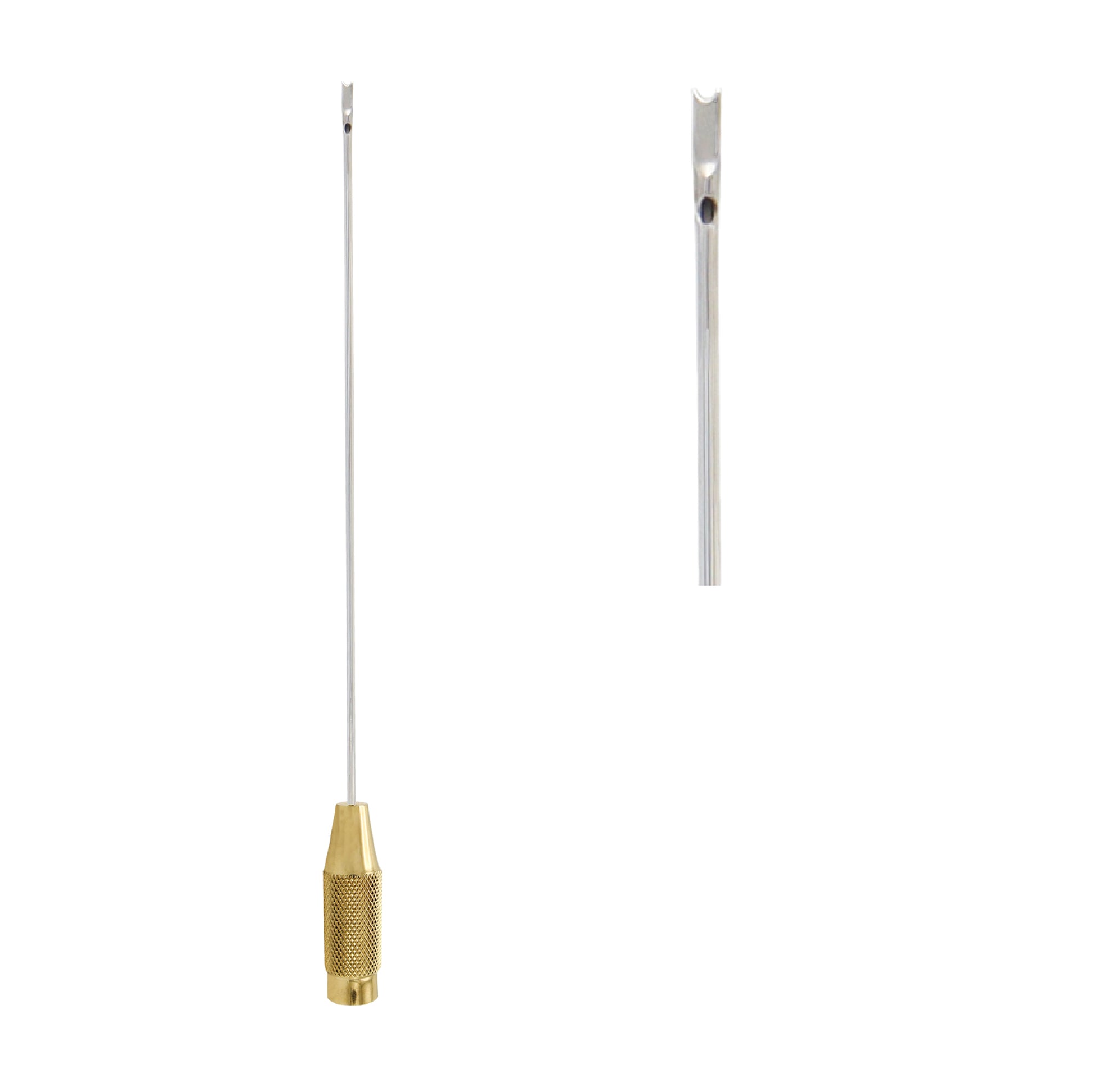 A professional-grade Toledo (Shark) liposuction cannula with a long, thin stainless steel shaft, a fork-shaped tip for tissue release, and a knurled gold-plated handle for grip.