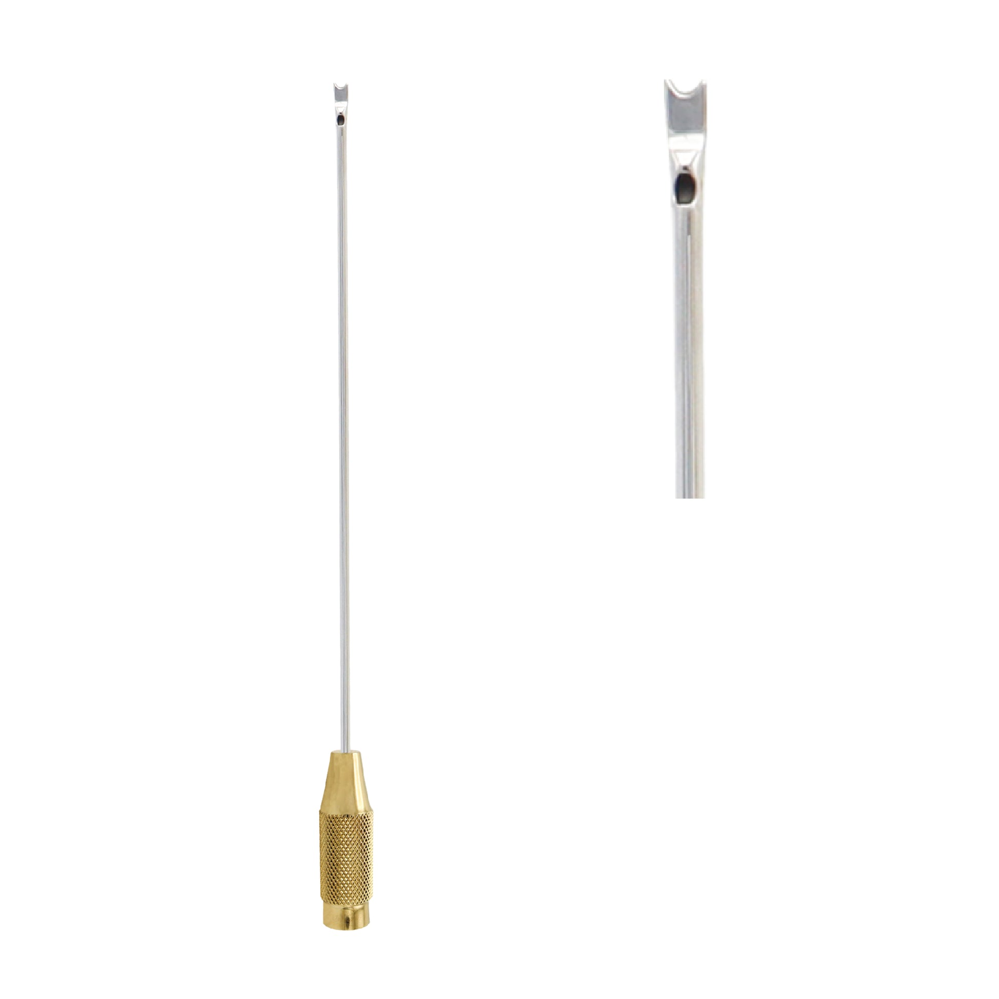 A Toledo Shark liposuction cannula featuring a long, slender stainless steel shaft with a specialized fork-shaped "shark" tip for tissue dissection and a gold-toned, threaded textured handle for secure attachment.