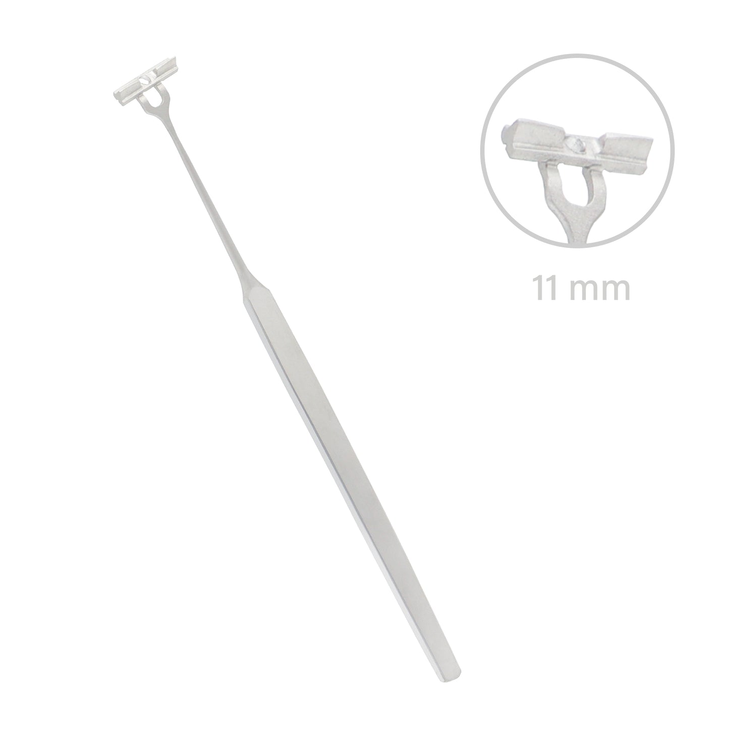 Surgical tracheal hook retractor with a long tapered handle and an 11 mm wide T-bar hook tip.