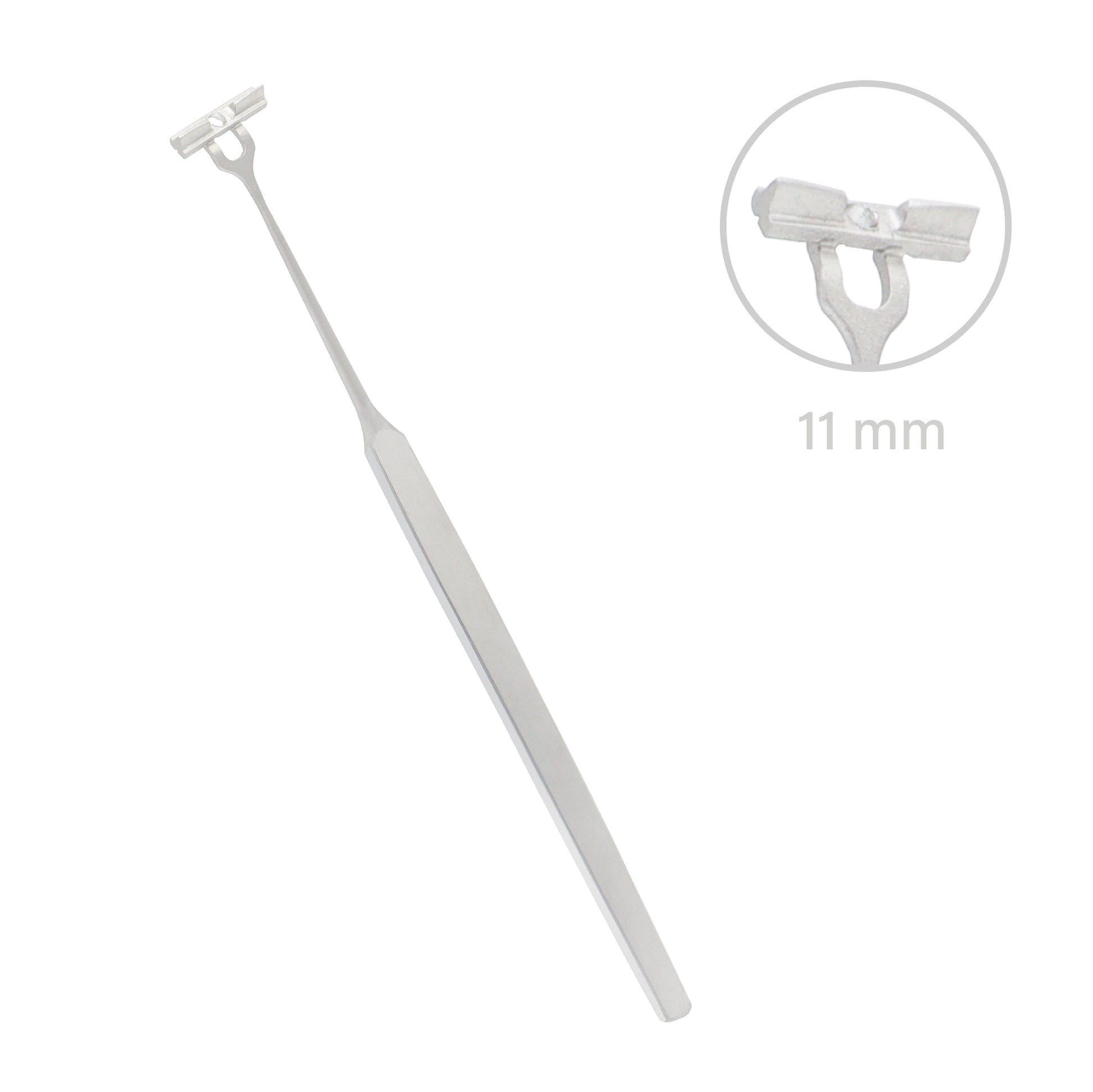 Surgical tracheal hook retractor with a long tapered handle and an 11 mm wide T-bar hook tip.