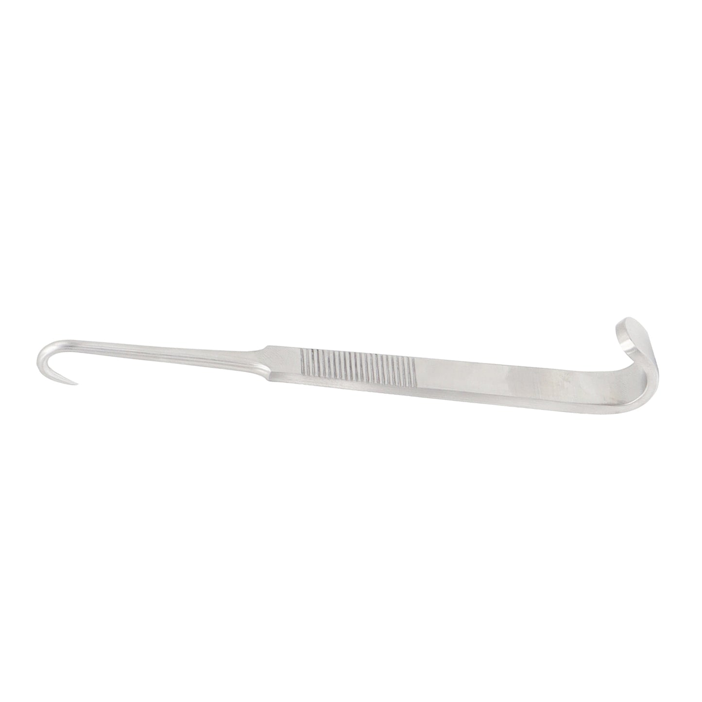 Double-ended stainless steel tracheal hook retractor with ridged grip for ENT and tracheotomy procedures.