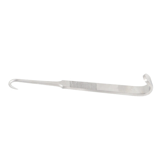 Double-ended stainless steel tracheal hook retractor with ridged grip for ENT and tracheotomy procedures.