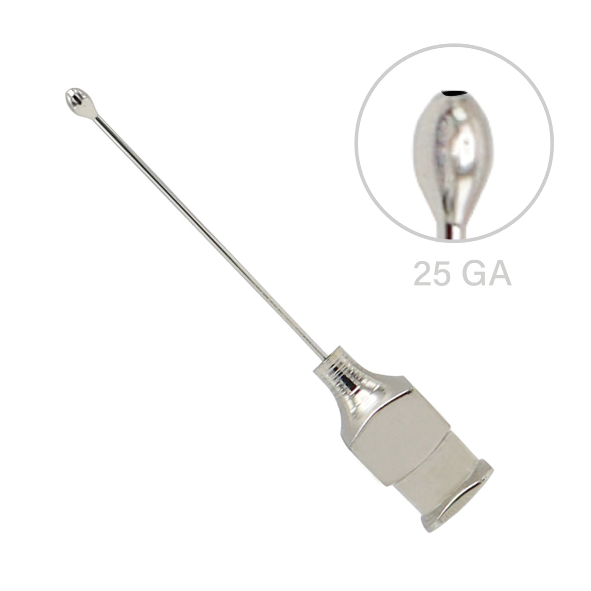 Troutman olive tip cannula with a 25 gauge straight needle and a metal luer hub, featuring a circular inset close-up of the atraumatic tip.