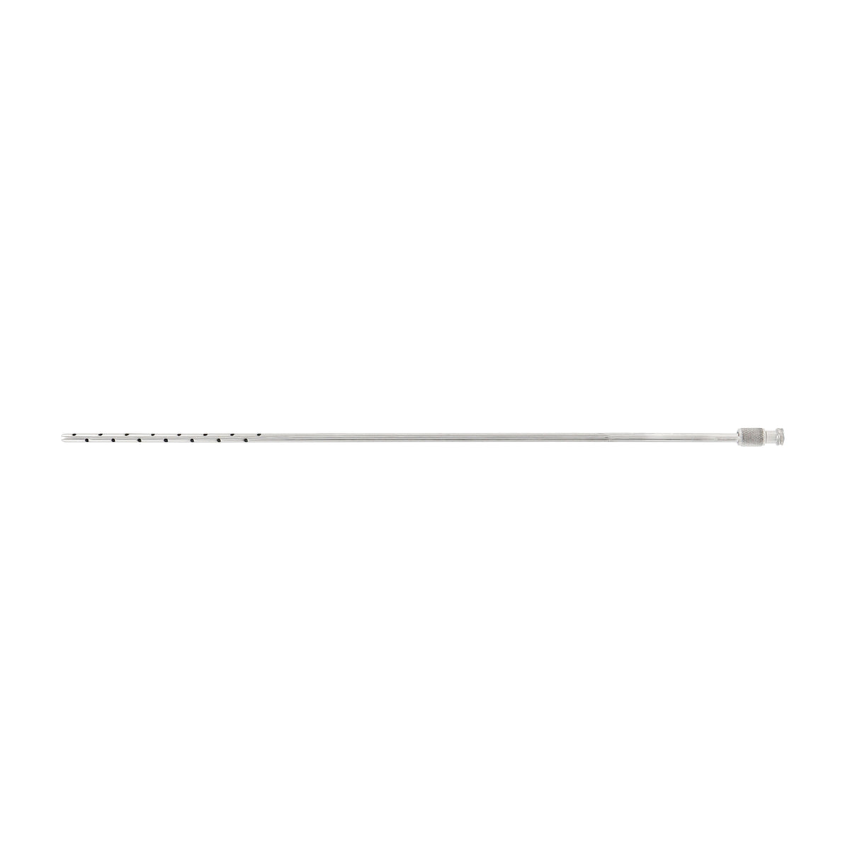 A surgical grade stainless steel tumescent infiltration cannula featuring a multi-hole spiral perforation tip and a female Luer lock connector hub against a white background.