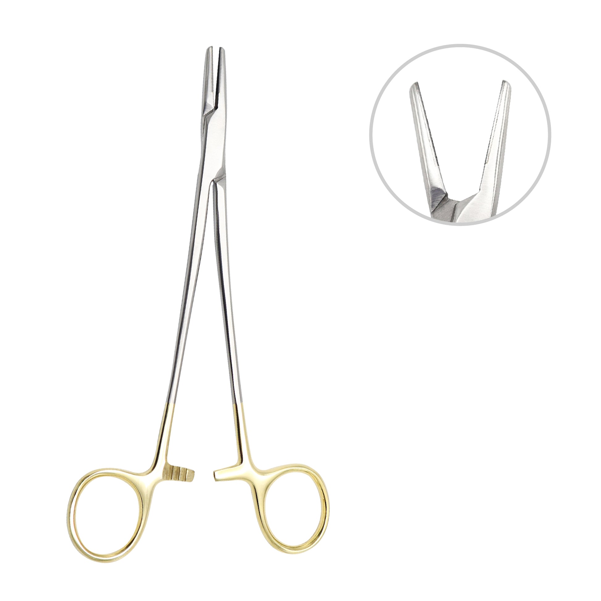 Tungsten Carbide surgical needle holder with gold-plated ring handles and an inset close-up showing the textured, cross-hatched gripping jaws for secure suturing.