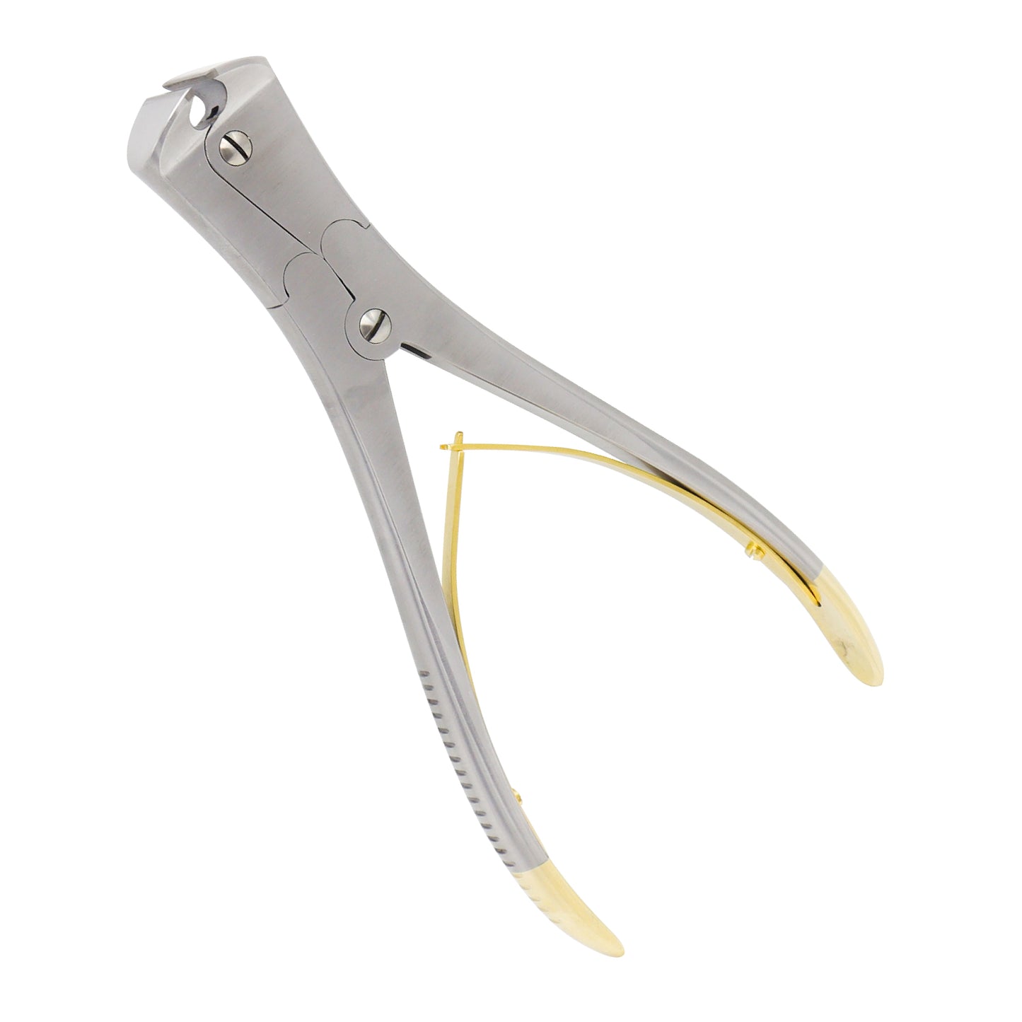 Double-action Tungsten Carbide TC wire and pin cutter with gold-plated handles and high-grade stainless steel body.
