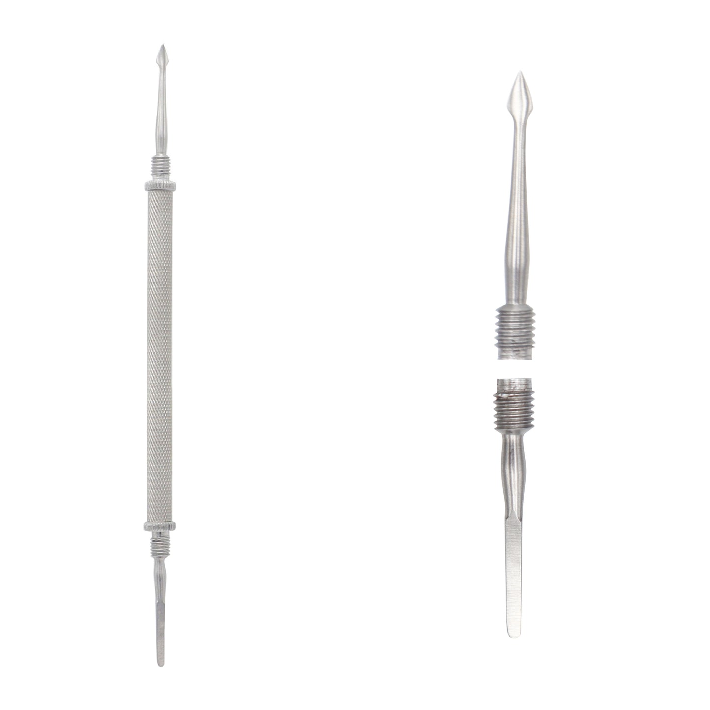 Two silver needles on a white background