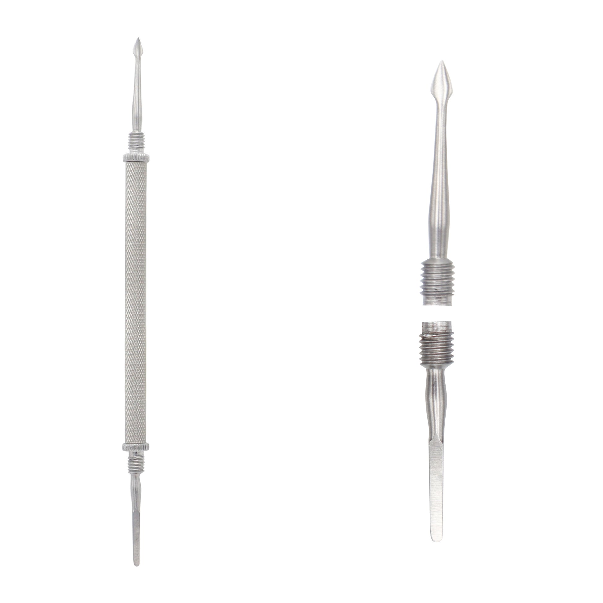 Two silver needles on a white background
