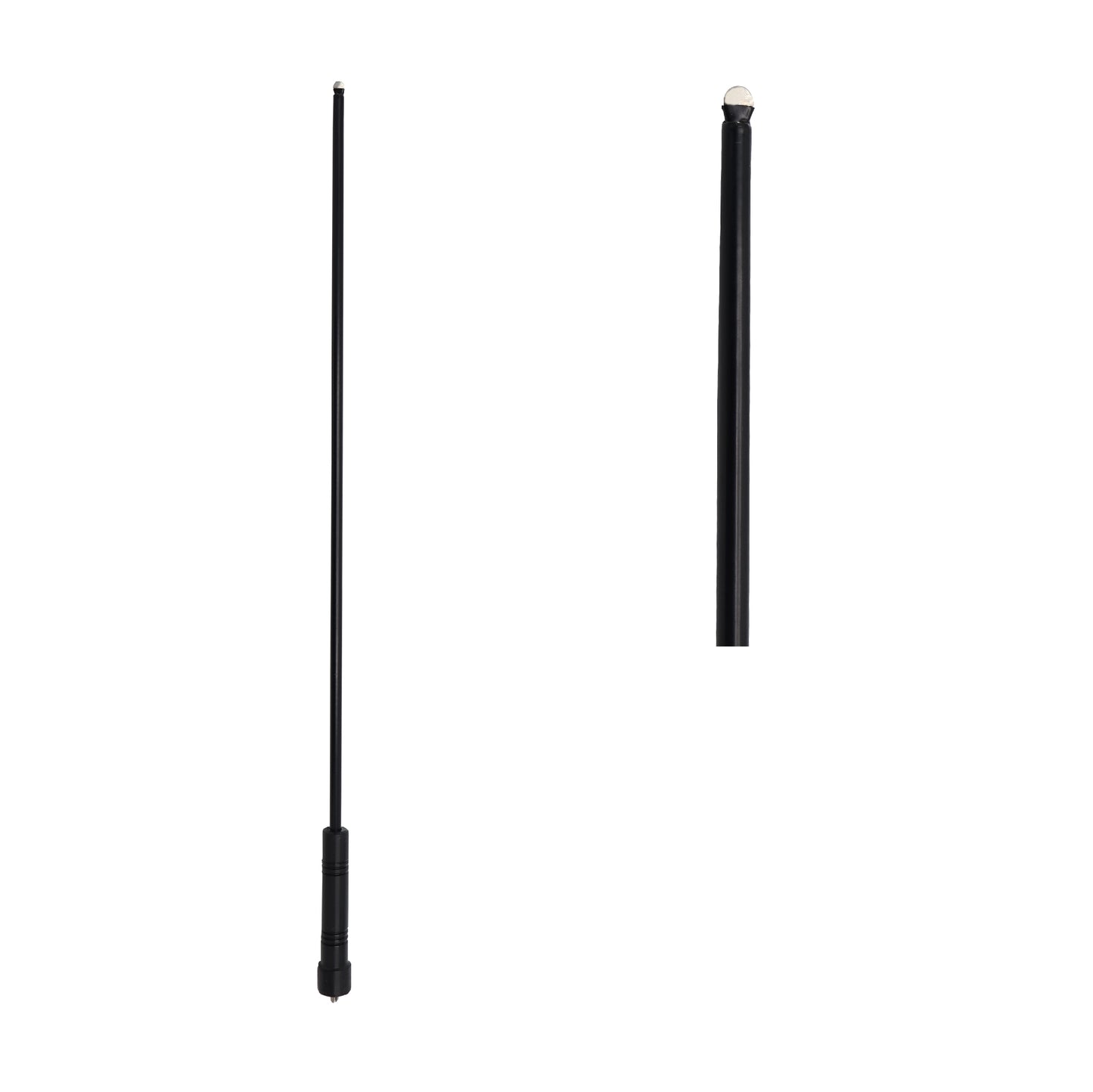 A black universal whip replacement antenna displayed in two views, showing both its full elongated slim rod design and a close-up of its thicker base structure.
