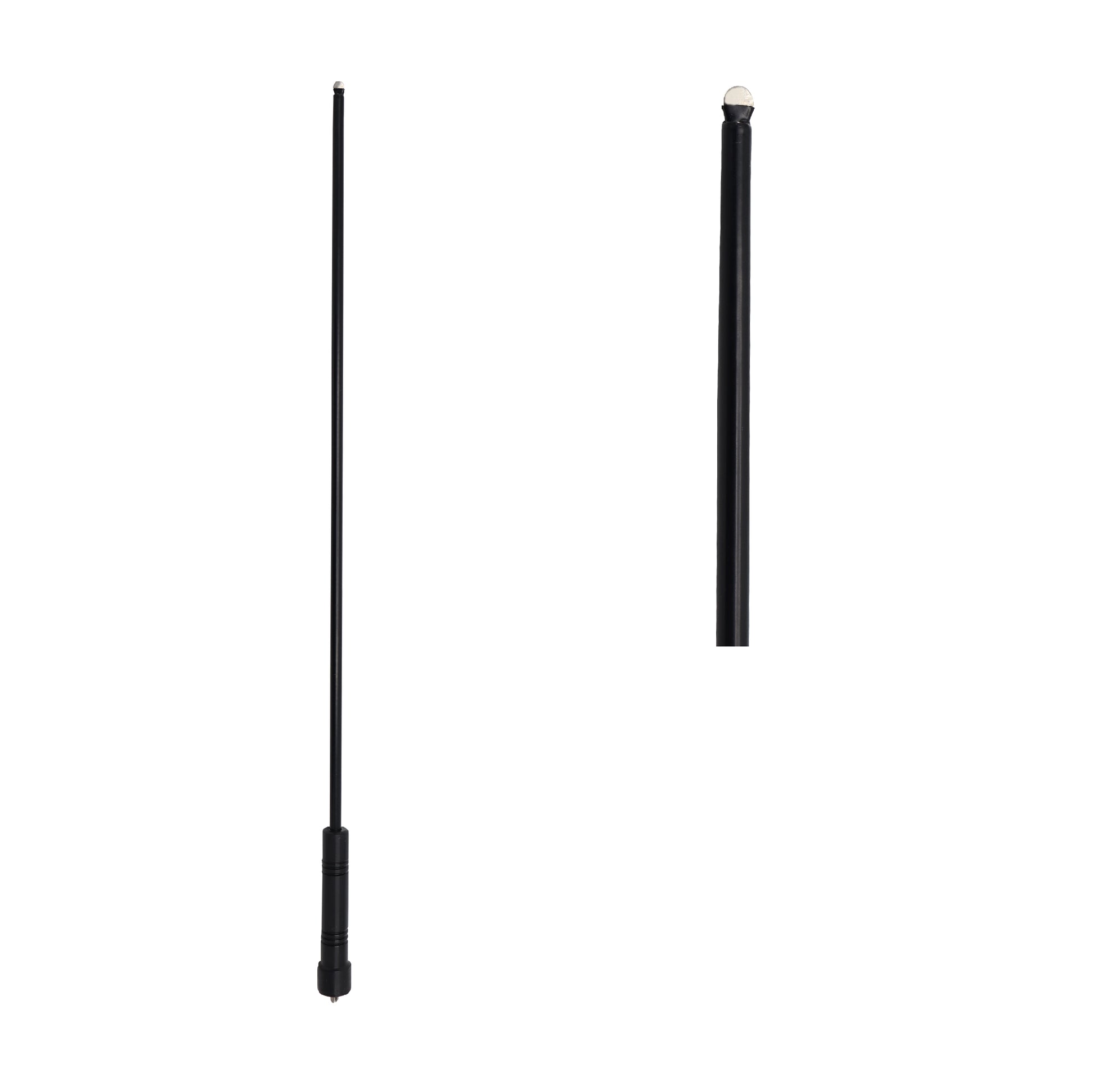 A black universal whip replacement antenna displayed in two views, showing both its full elongated slim rod design and a close-up of its thicker base structure.
