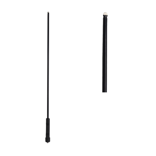 A black universal whip replacement antenna displayed in two views, showing both its full elongated slim rod design and a close-up of its thicker base structure.
