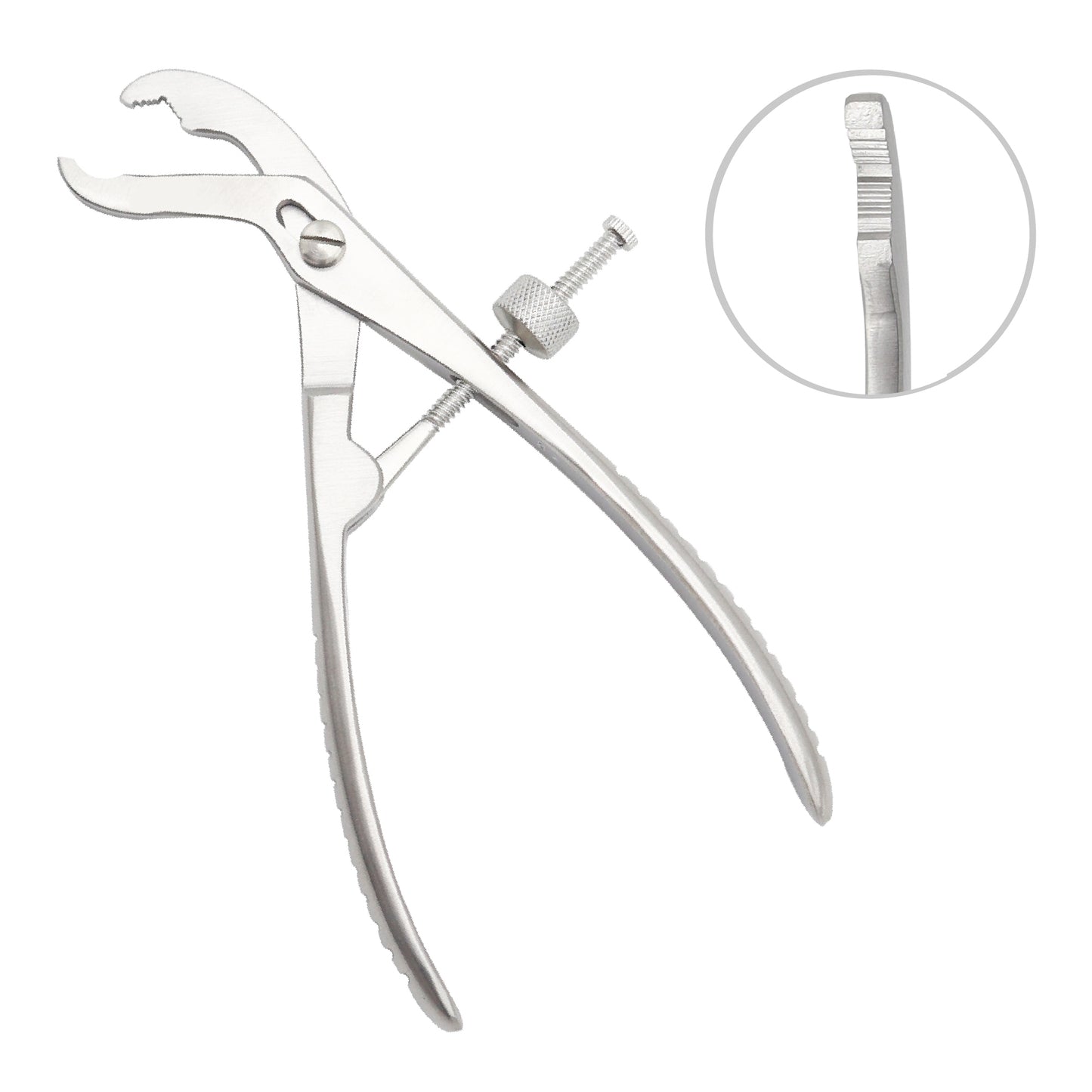 Metal surgical bone-holding forceps with self-centering jaws and a speed-lock screw mechanism, shown on a white background with a close-up inset of the serrated jaws.