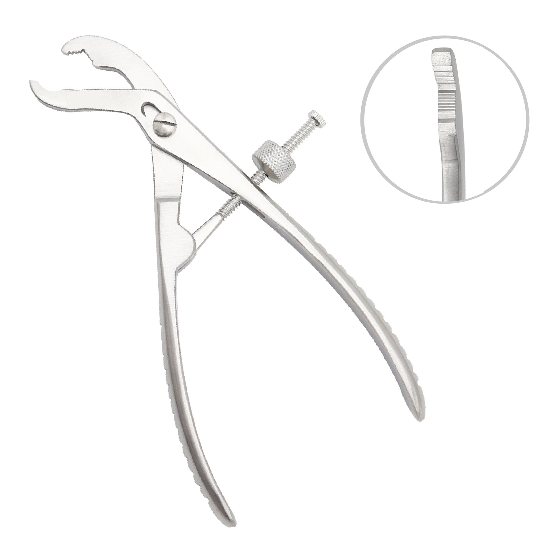 Metal surgical bone-holding forceps with self-centering jaws and a speed-lock screw mechanism, shown on a white background with a close-up inset of the serrated jaws.