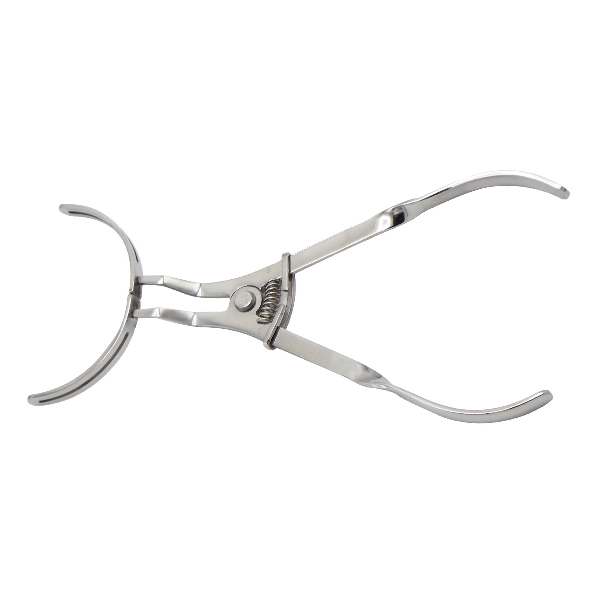Stainless steel vestibulum lip and cheek retractor for adult dental surgery, featuring a spring-action mechanism on a white background.