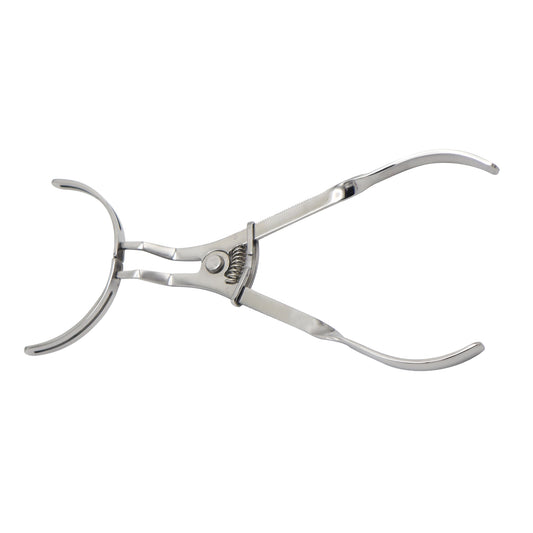 Stainless steel vestibulum lip and cheek retractor for adult dental surgery, featuring a spring-action mechanism on a white background.