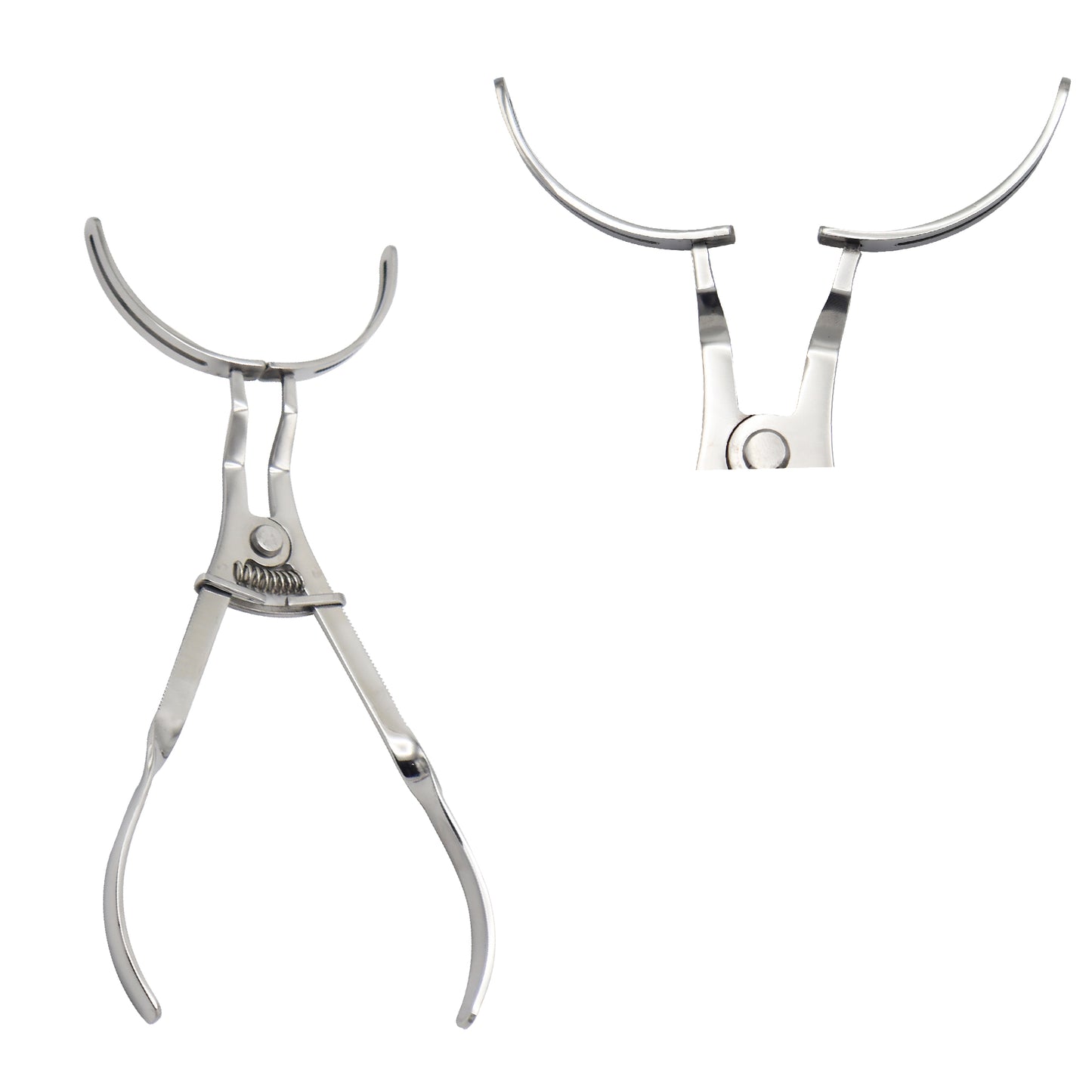 Stainless steel vestibulum lip and cheek retractor featuring curved tissue arches and a spring-loaded scissor handle for dental surgical retraction.
