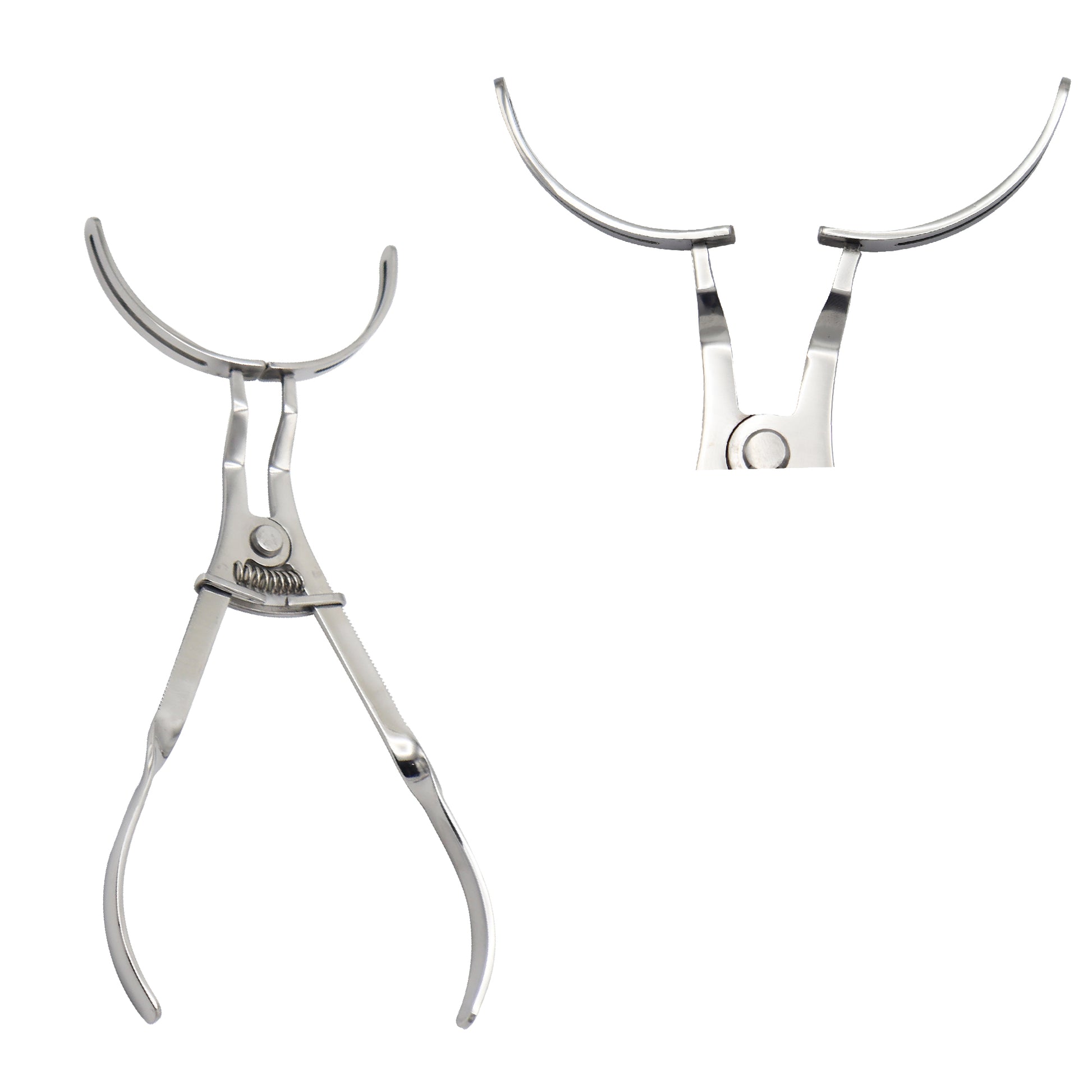 Stainless steel vestibulum lip and cheek retractor featuring curved tissue arches and a spring-loaded scissor handle for dental surgical retraction.
