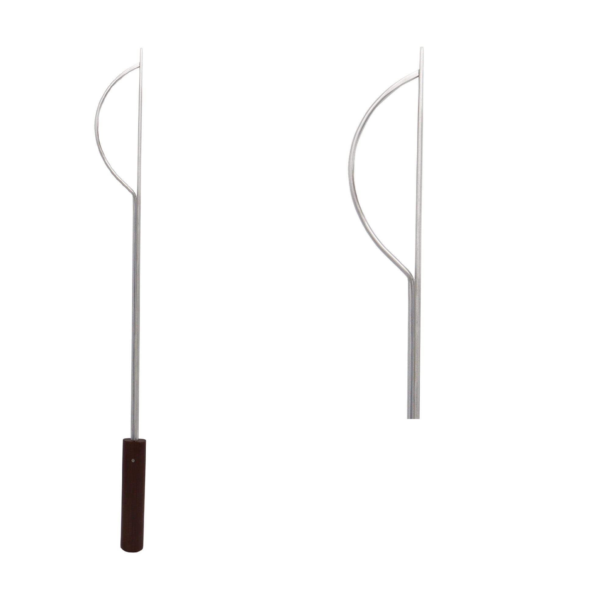 Long metallic veterinary obstetrical key hook with a dark brown handle and a curved loop head, shown next to a close-up cropped view of the hook mechanism on a white background.
