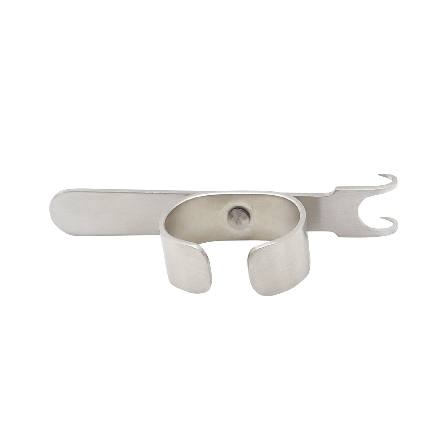 A stainless steel Volkmann finger retractor featuring a central finger ring handle, a long flat rear lever, and a two-pronged sharp hook at the working end.