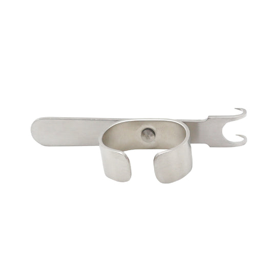 A stainless steel Volkmann finger retractor featuring a central finger ring handle, a long flat rear lever, and a two-pronged sharp hook at the working end.