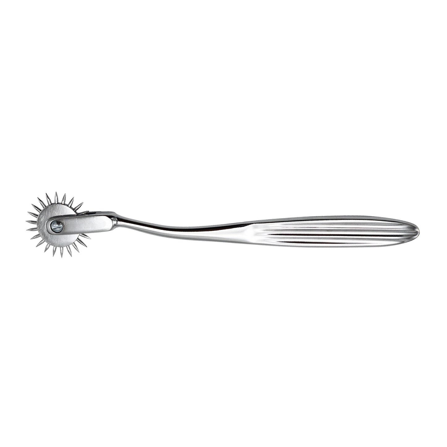 Stainless steel Wartenberg neurological pinwheel medical diagnostic tool on a white background.