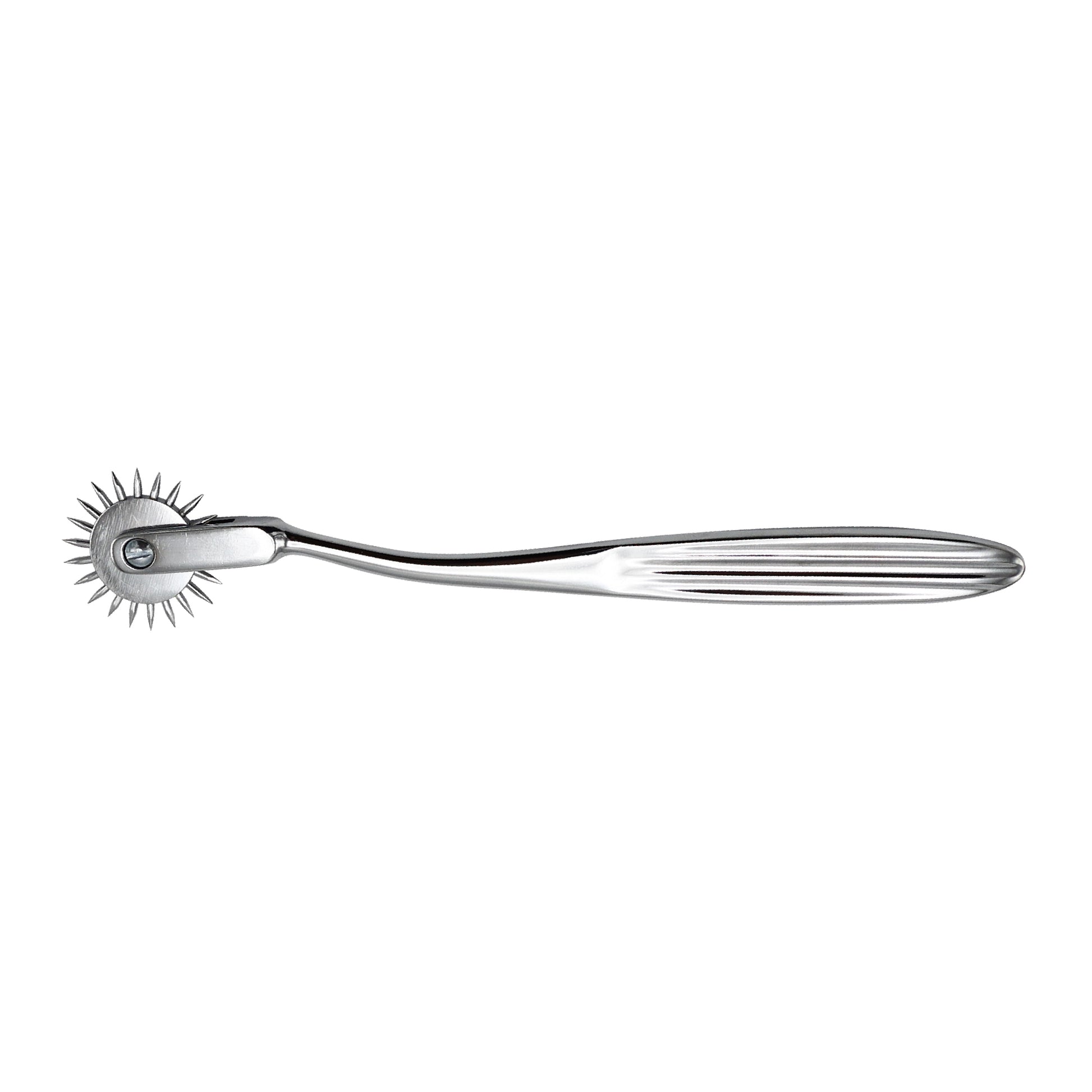 Stainless steel Wartenberg neurological pinwheel medical diagnostic tool on a white background.