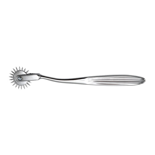 Stainless steel Wartenberg neurological pinwheel medical diagnostic tool on a white background.
