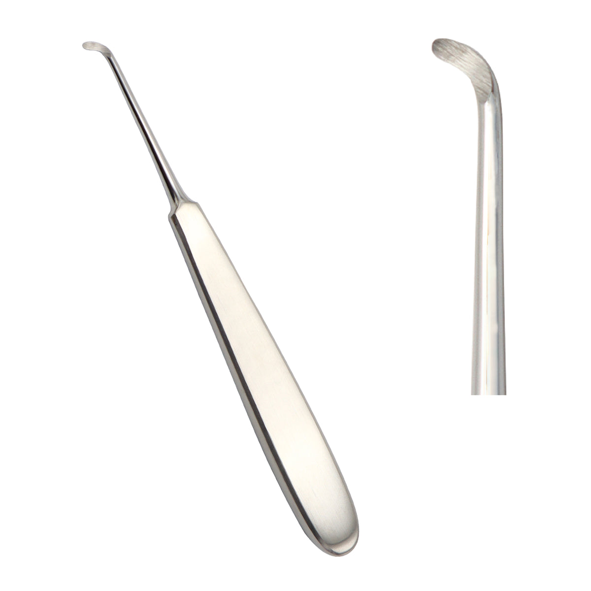 Warwick-James dental root elevator with a curved left spoon-shaped blade tip for oral surgery tooth extraction.
