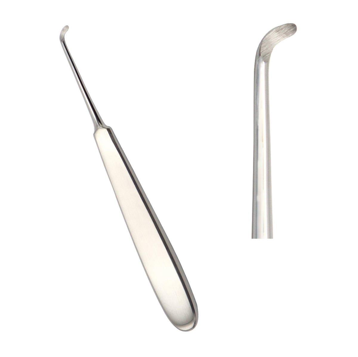 A high-quality stainless steel Warwick James straight dental root elevator instrument featuring a flat teardrop handle and a thin, slightly curved spoon-shaped tip on a solid white background.