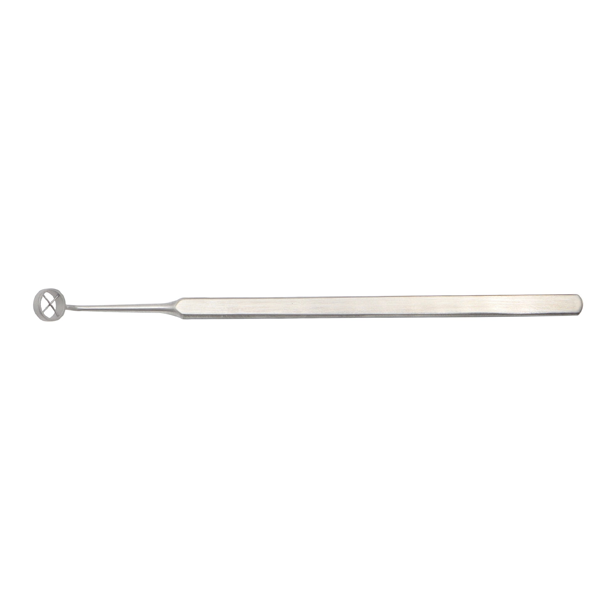 Weber lens loop with cross wires ophthalmic surgical instrument on a white background.