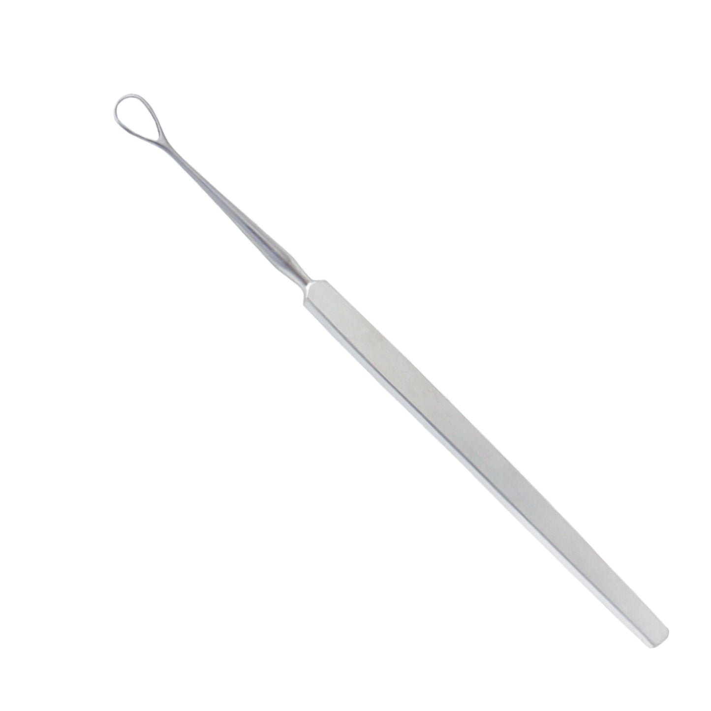 A stainless steel Weber Lens Loop surgical instrument with a flat handle and a thin wire loop at the tip, used in ophthalmic surgery.