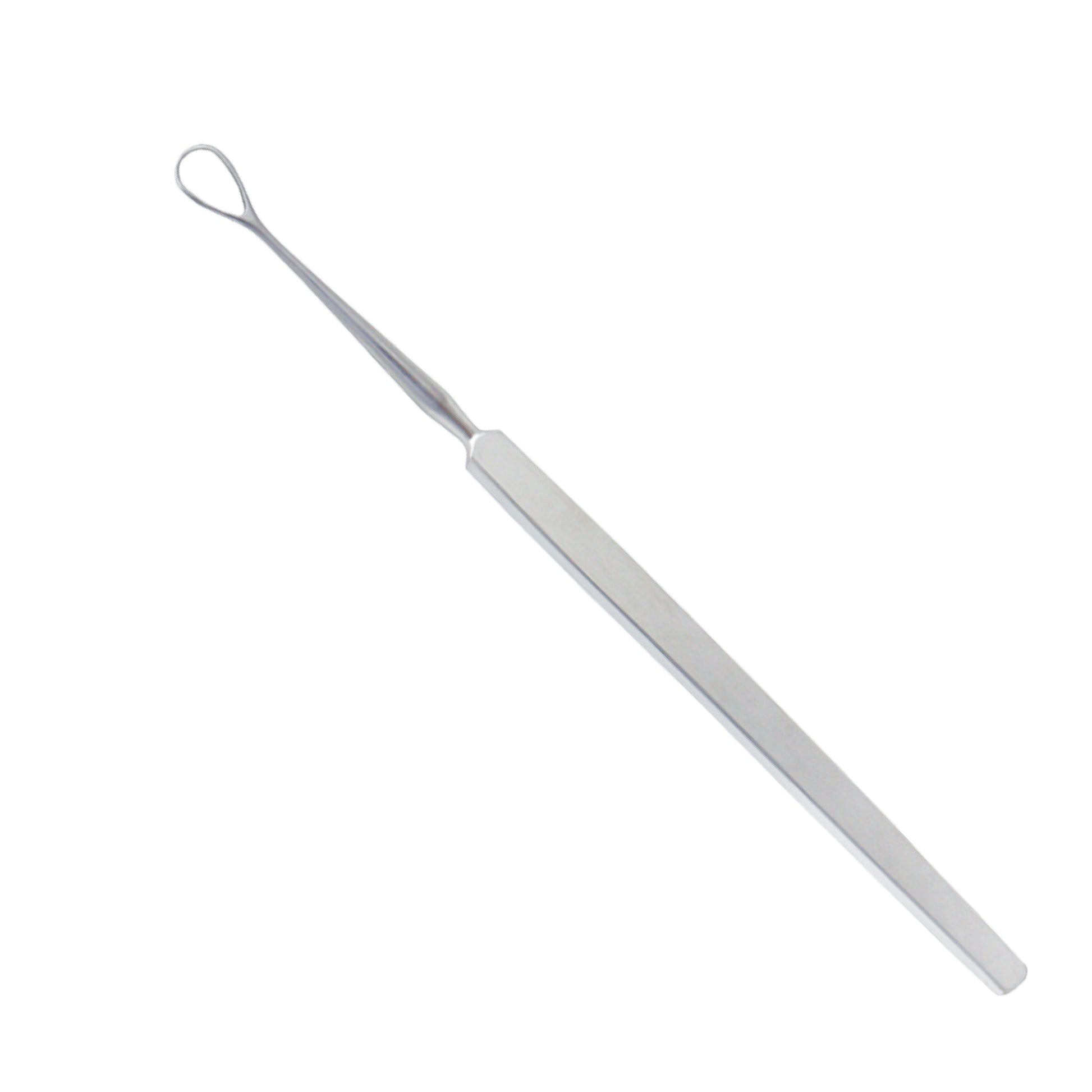 A stainless steel Weber Lens Loop surgical instrument with a flat handle and a thin wire loop at the tip, used in ophthalmic surgery.