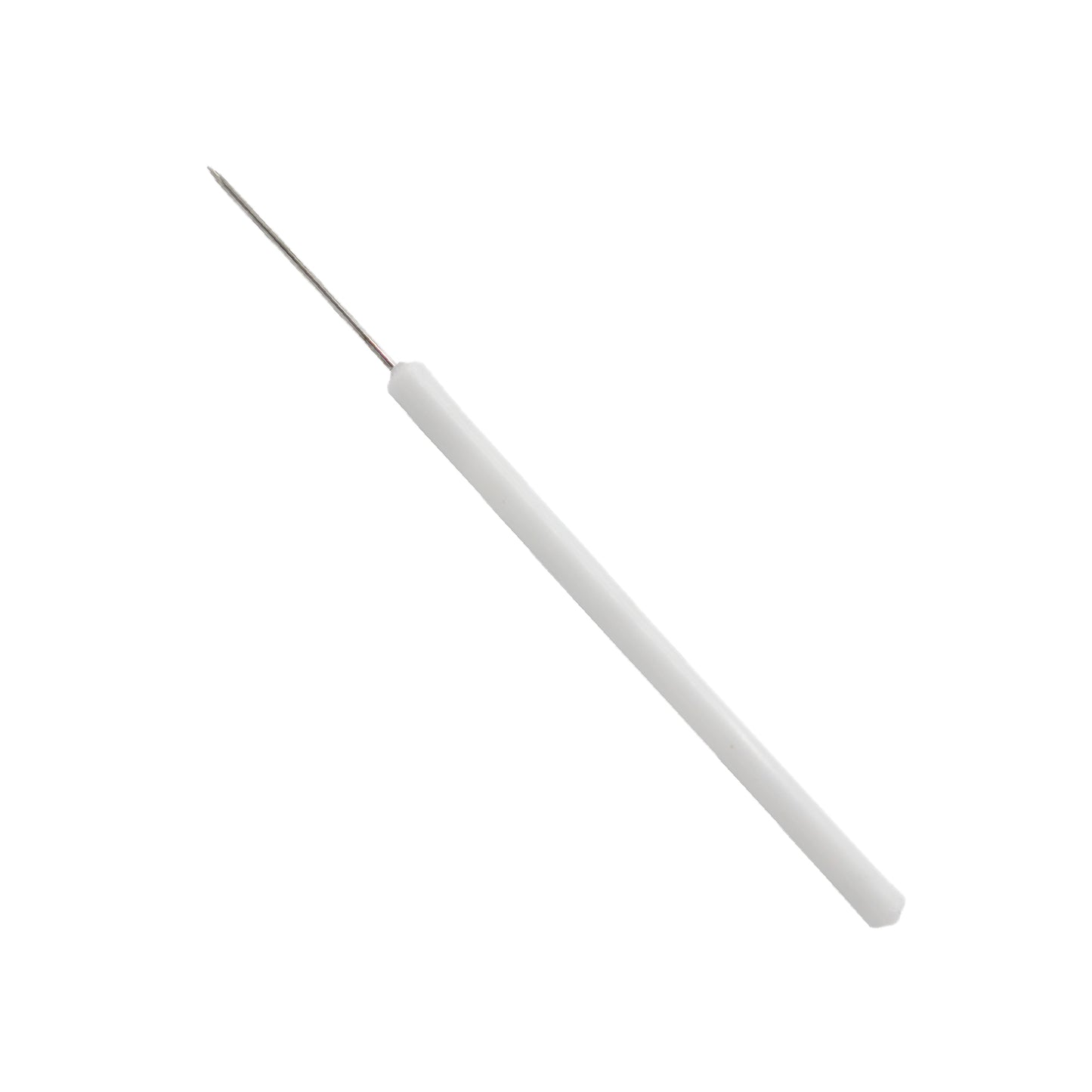 A laboratory teasing needle featuring a tapered white plastic handle and a stainless steel probe with a 45-degree bent tip, used for precision dissection and specimen manipulation.