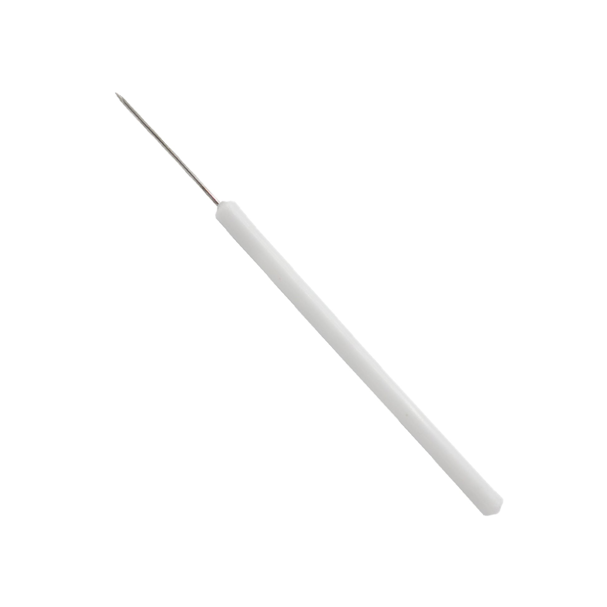 A laboratory teasing needle featuring a tapered white plastic handle and a stainless steel probe with a 45-degree bent tip, used for precision dissection and specimen manipulation.