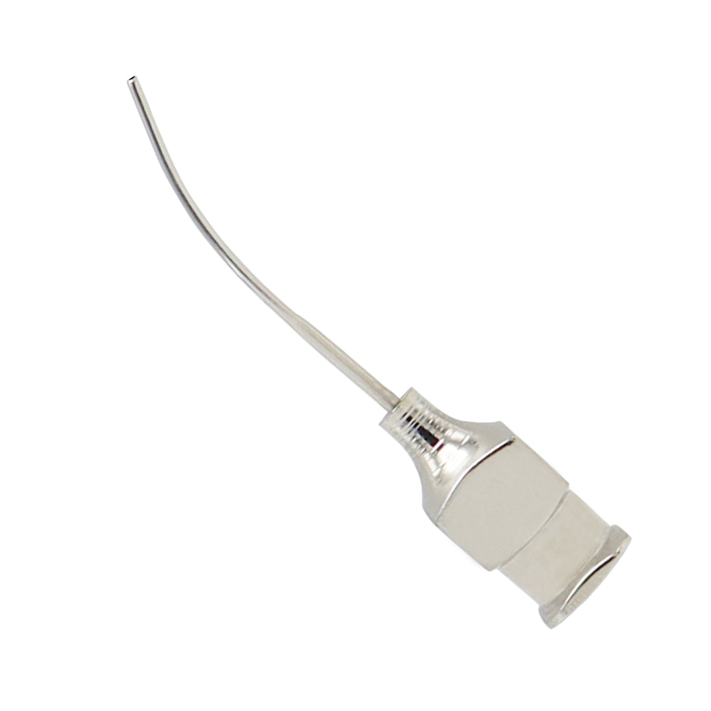 This medical instrument is a precision tool used primarily in eye surgeries. It is crafted from high-grade stainless steel and features a curved tip designed for delicate procedures, such as delivering anesthesia during a sub-tenon block or performing fluid aspiration.
